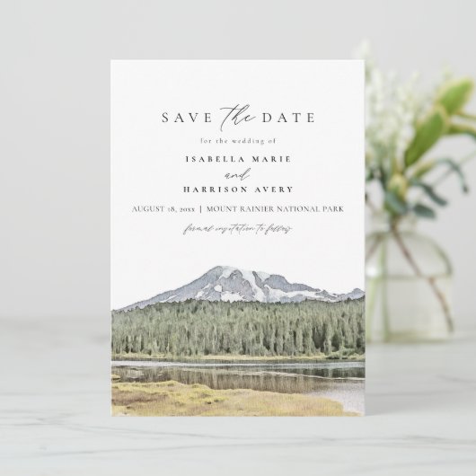 MOUNT RAINIER Wasserfarbe Ziel Save the Date Einladung (Stehend Vorderseite)