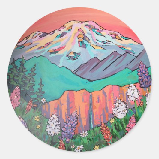Mount Rainier Wildflower Wasserfall Gemälde Runder Aufkleber (Vorderseite)