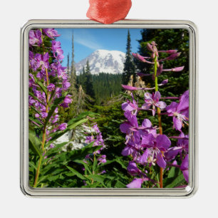Mount Rainier zwischen lila Phlox-Blumen Ornament Aus Metall