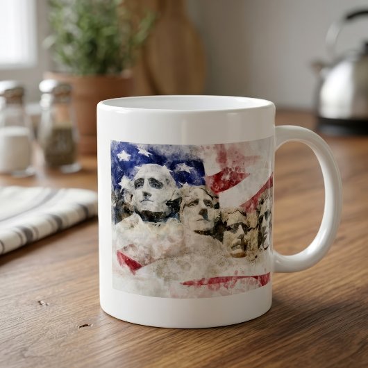 Mount Rushmore mit amerikanischer Flagge schwänzt Kaffeetasse