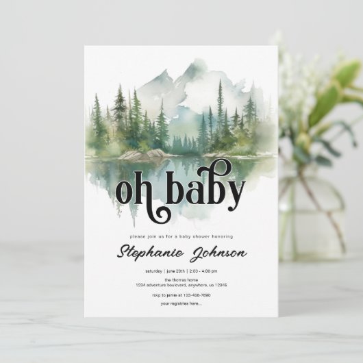 Mountain Adventure Forest Greenery Baby Shower Einladung (Stehend Vorderseite)