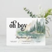 Mountain Adventure Forest Greenery Boy Baby Shower Einladung (Stehend Vorderseite)