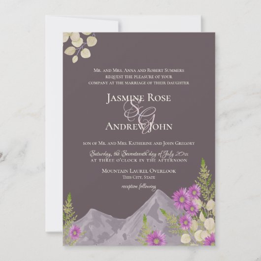 Mountain Asters Plum Wedding Einladung (Vorderseite)
