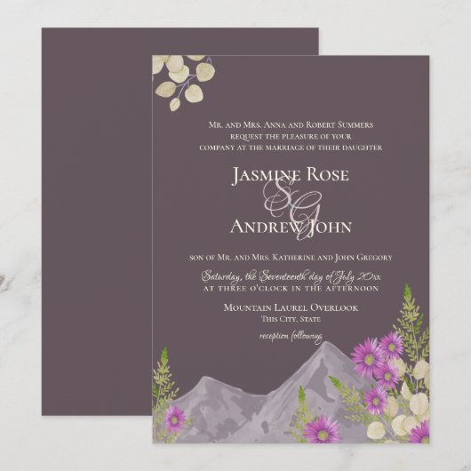 Mountain Asters Plum Wedding Einladung (Vorne/Hinten)