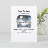 Mountain Blue Pine Moon Star Save the Date Hochzei Einladung (Stehend Vorderseite)