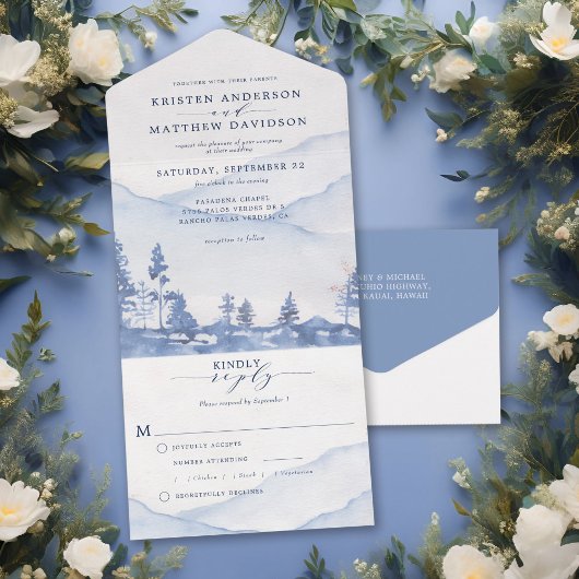 Mountain Blue Woodland Watercolor Hochzeit All In One Einladung