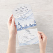 Mountain Blue Woodland Watercolor Hochzeit All In One Einladung (Abreißen)