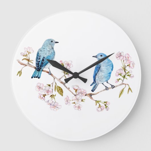 Mountain Bluebirds auf der Zweigstelle Sakura Große Wanduhr (Vorderseite)