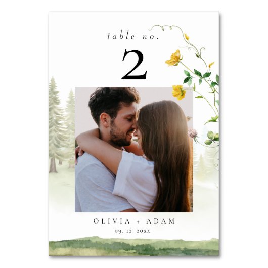 Mountain Boho Wildblume Wedding Foto Table Card Tischnummer (Vorderseite)