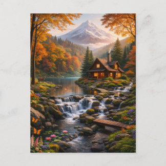Mountain Cabin in Autumn Glow Serene Nature Einladungspostkarte