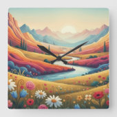 Mountain Dreamscape: Valley of Vibrant Bloom Quadratische Wanduhr (Vorderseite)