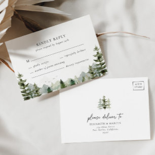 Mountain Evergreen Wald Forest Elegante Hochzeit RSVP Karte