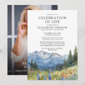 Mountain Floral Celebration Of Life Photo Funeral Einladung (Vorne/Hinten)