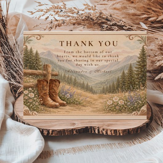 Mountain Forest Cowboy Boots Wedding Dankeskarte
