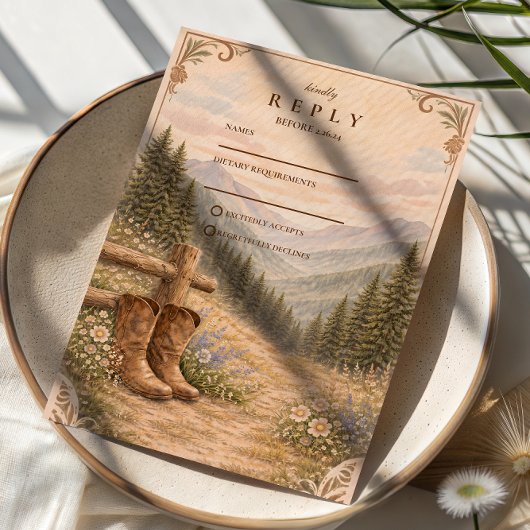 Mountain Forest Cowboy Boots Wedding RSVP Karte