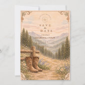 Mountain Forest Cowboy Stiefel Hochzeit Save The Date (Vorderseite)