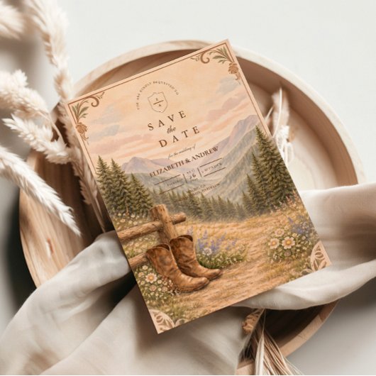 Mountain Forest Cowboy Stiefel Hochzeit Save The Date