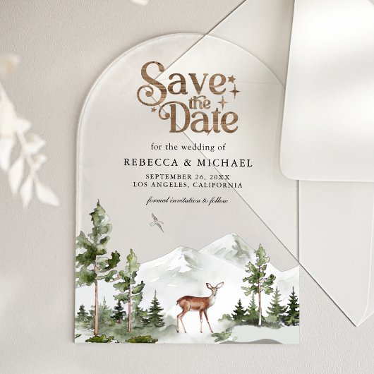 Mountain Forest Deer Wedding Save the Date Acryleinladungen