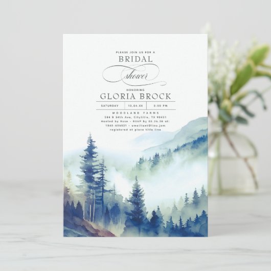 Mountain Forest Fog Abend Boho Brautparty Einladung (Stehend Vorderseite)