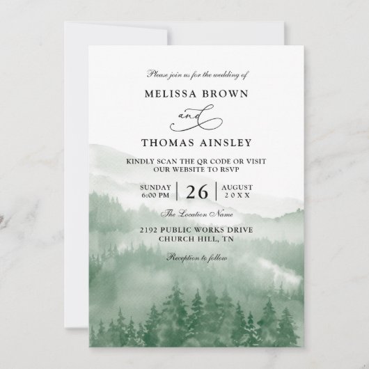 Mountain Forest Rustic Tree Budget QR Code Wedding Einladung (Vorderseite)