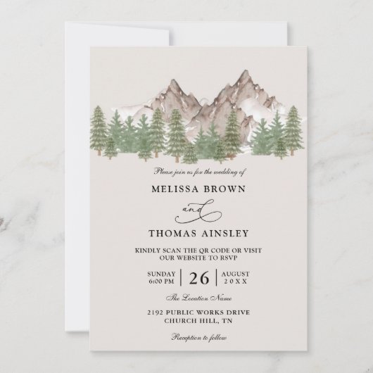 Mountain Forest Tree Rustic Budget QR Code Wedding Einladung (Vorderseite)