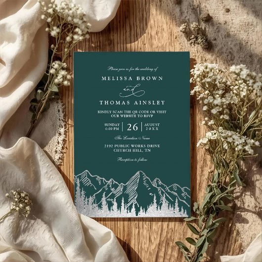 Mountain Forest Trees Pine Rustic QR Code Wedding Einladung
