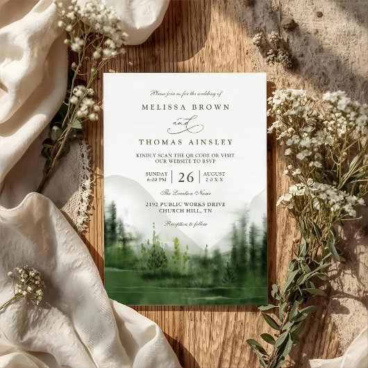 Mountain Forest Trees Rustic QR Code Wedding Einladung