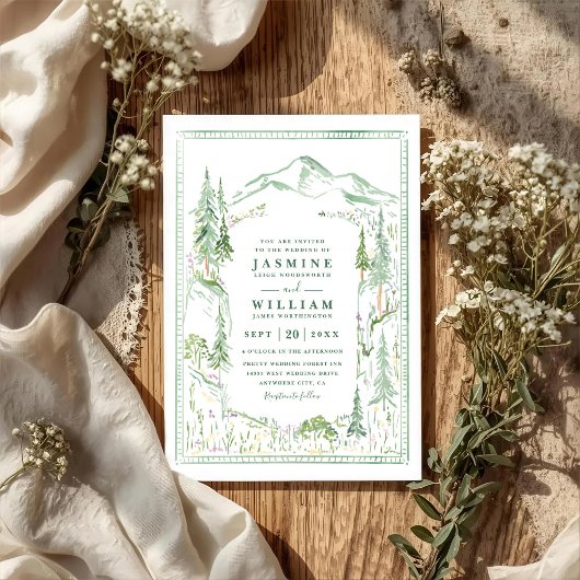 Mountain Forest Trees Rustic QR Code Wedding Einladung