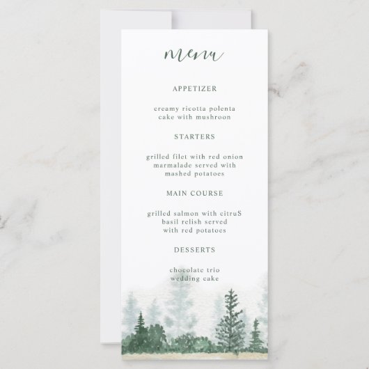 Mountain Forest Watercolor Hochzeitmenü (Vorderseite)