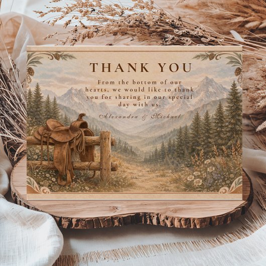 Mountain Forest Western Saddle Wedding Dankeskarte