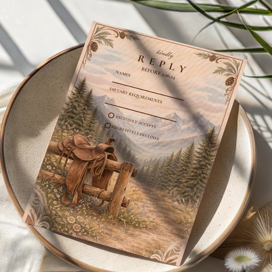 Mountain Forest Western Saddle Wedding RSVP Karte