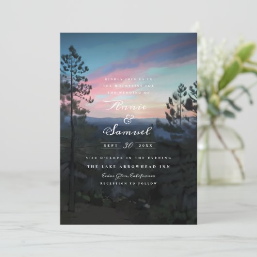 Mountain Getaway Wedding Einladung (Stehend Vorderseite)