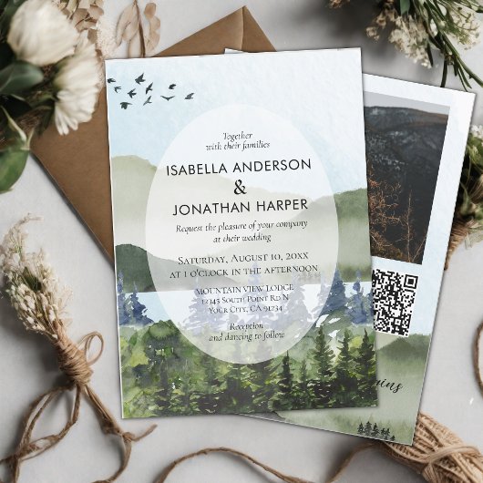 Mountain Lake Forest Foto QR Code Außenhochzeit Einladung