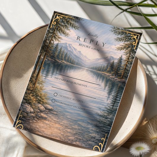 Mountain Lake Forest Reflection Wedding RSVP Karte