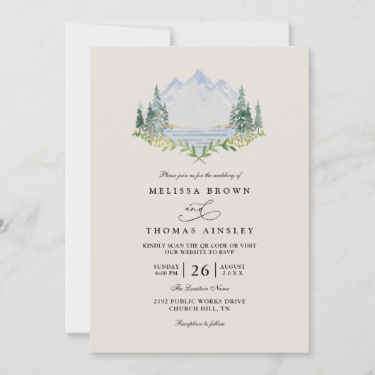 Mountain Lake Forest Tree Rustic QR Code Wedding Einladung (Vorderseite)