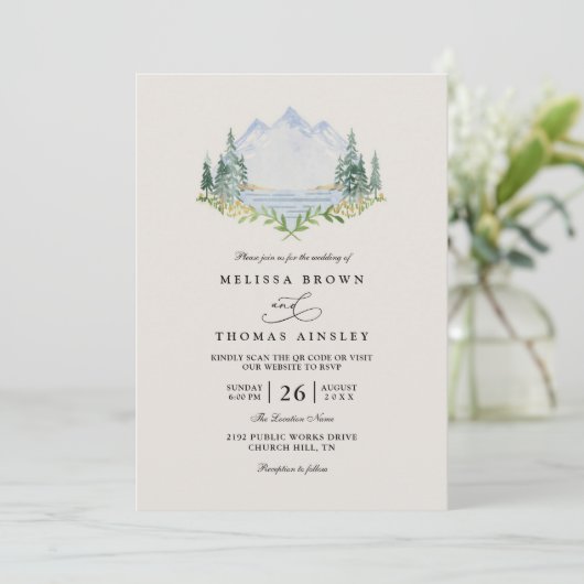 Mountain Lake Forest Tree Rustic QR Code Wedding Einladung (Stehend Vorderseite)