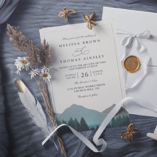 Mountain Lake Forest Trees Pine QR Code Wedding Einladung