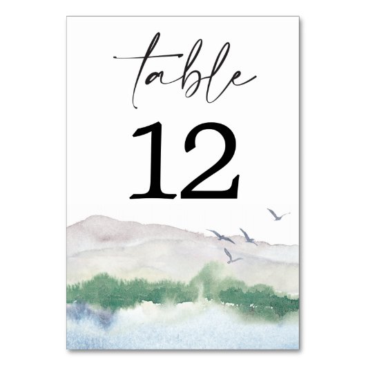 Mountain Lake Table Cards Hochzeiten Tischnummern (Vorderseite)