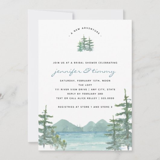 Mountain Lake Theme Wasserfarbe Brautparty Einladung (Vorderseite)