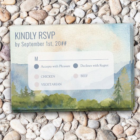 Mountain Lake Watercolor Dusty Blue Entree RSVP Karte