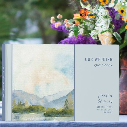 Mountain Lake Watercolor Dusty Blue Wedding Gästebuch