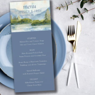 Mountain Lake Watercolor Dusty Blue Wedding Menükarte