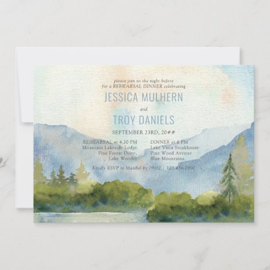Mountain Lake Watercolor Hochzeitliches Probe-Dinn Einladung (Vorderseite)