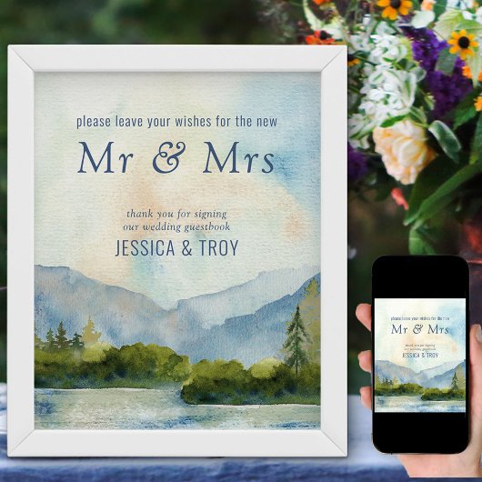 Mountain Lake Watercolor Wedding Guest Book Sign Poster