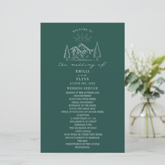 Mountain Line Art Emerald Wedding Programm (Stehend Vorderseite)