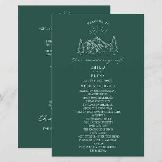 Mountain Line Art Emerald Wedding Programm (Vorne/Hinten)
