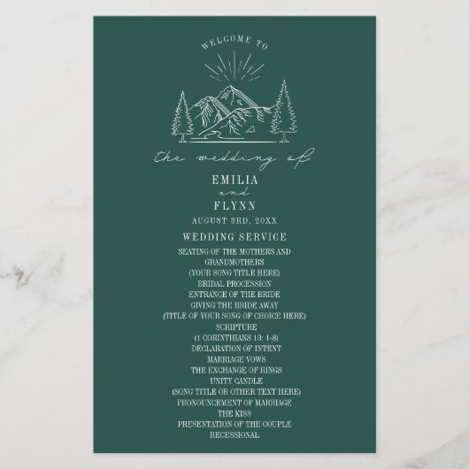 Mountain Line Art Emerald Wedding Programm (Vorderseite)