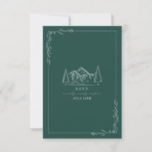 Mountain Line Art Emerald Wedding RSVP Card Karte
