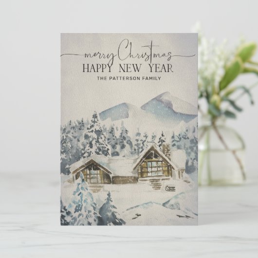 Mountain Lodge Forest Snow Scene Weihnachtskarte (Stehend Vorderseite)