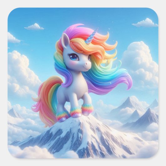 Mountain Magic Rainbow Unicorn Quadratischer Aufkleber (Vorderseite)